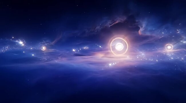 Spectacular celestial scenery with glowing orbs against a cosmic nebula background