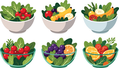Flat vector illustration set of six healthy salad bowls featuring fresh green leafy vegetables tomatoes bananas oranges and grapes for vegan diet nutrition © MdMamunur
