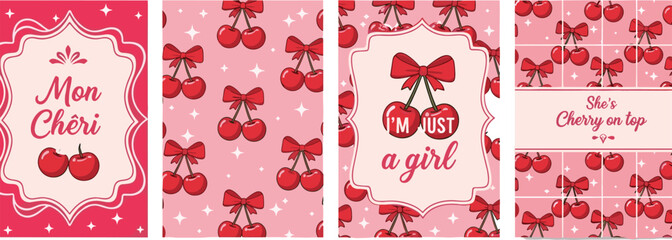Set of cute romantic greeting cards with red cherry patterns red ribbon bows and French quotes for Valentines Day wedding invitations and feminine stationery © MdMamunur