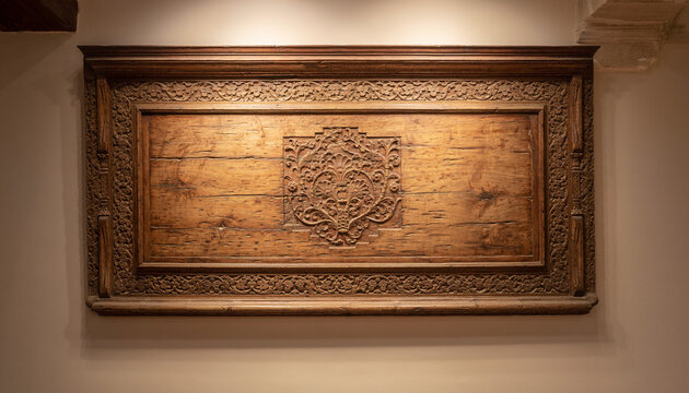 An ornate antique gold and wooden frame with vintage patterns hangs on a brown textured wall as a decorative art border