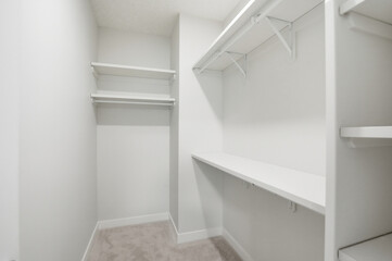 Fototapeta premium Small white closet with shelves and a white desk