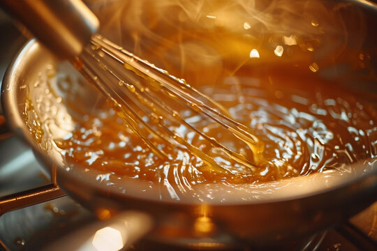 Caramel Symphony: A Whisk Dances Through Molten Sugar Under Culinary Fire
