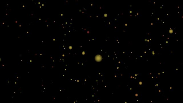 Gold particles floating in dark space abstract cosmic background with glowing stars twinkling and drifting against black void galaxy theme for futuristic or space exploration