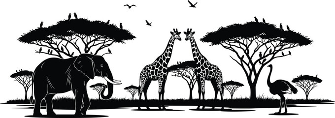 African savannah wildlife silhouette vector illustration featuring majestic elephant, two kissing giraffes, large ostrich, acacia trees, and flying birds, for safari nature travel  © Samol