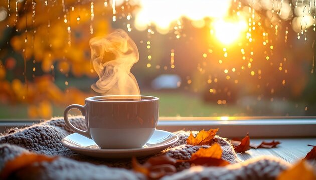 A steaming hot cup of hot tea rests on a rustic wooden surface with soft morning light enhancing the vapor