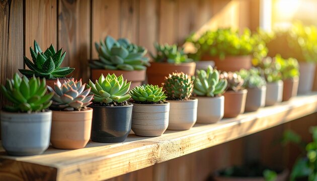 Fresh spring flowers and green plants in wooden boxes and clay pots create a beautiful nature decoration for a home garden interior