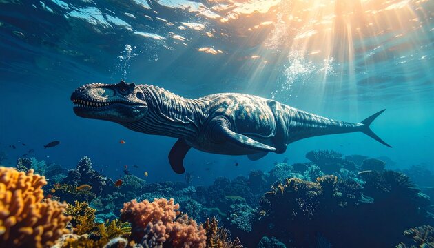 A majestic green turtle glides through the deep blue tropical ocean water near a vibrant coral reef, capturing the essence of marine wildlife and aquatic nature during an underwater scuba dive