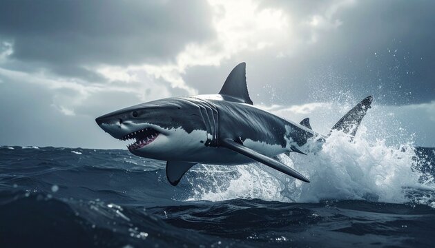 A great white shark predator swims in the blue ocean water near a nature reef, showing its dangerous fin in this underwater marine wildlife illustration
