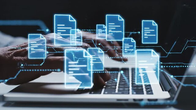 Elderly hands typing on laptop with digital icons