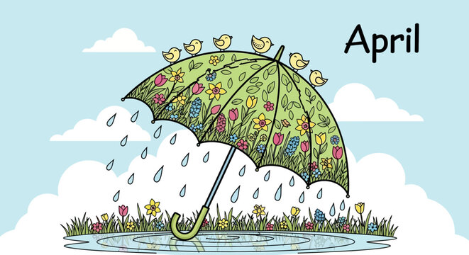 Floral Umbrella in Rainy Weather Scene.