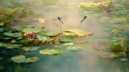 Obraz premium A serene pond scene with water lilies and dragonflies.