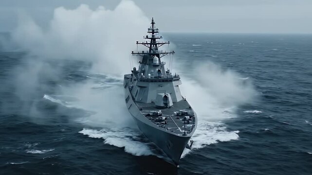 Cinematic Aerial View of Stealth Frigate in Moody Misty Seas
