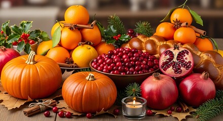 Autumnal abundance still life with gourds, citrus, and seasonal elements