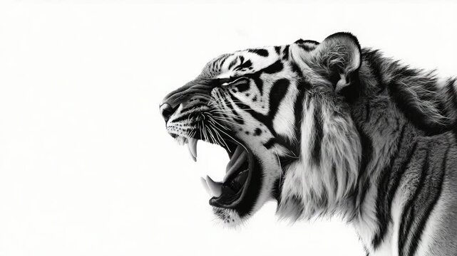 A dynamic black and white video of a tiger's head with its mouth open, showcasing the animal's fierce nature.