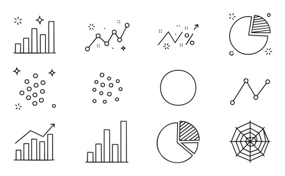 A collection of modern line icons representing various data visualization types like bar charts, line graphs, pie charts, and scatter plots, perfect for business analytics, financial