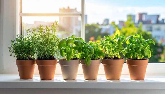 Fresh green herbs and spring flowers grow in terracotta pots on a sunny garden patio