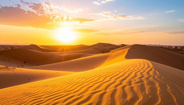Golden sun sets over the orange sand dunes of the Sahara desert landscape in Morocco, capturing a hot wilderness adventure under a glowing sky