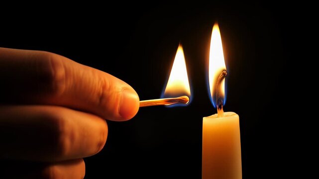 Hand using a lit wooden match to ignite a candle wick against a dark background in cinematic macro slow motion, symbolizing hope and new beginnings.