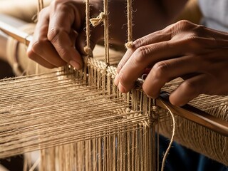 Hands precisely weaving natural fiber on loom for textile creation