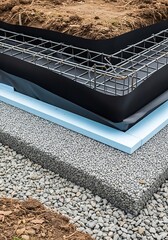 Layered construction base detail featuring reinforcement and insulation