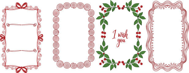 Set of four decorative hand drawn borders including red swirls, holiday berry wreaths, and wavy line frames for greeting cards and vintage invitations. © MstKalpona