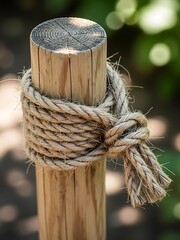 Rustic timber post with knotted rope detail in a natural setting