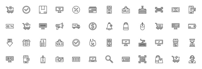 Cyber Monday icon set. Vector illustration pack with shopping cart, discount, calendar, delivery, payment, barcode, coupon, sale and more. Editable stroke.