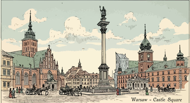 Ilustraci&oacute;n vintage de la Plaza del Castillo de Varsovia con la Columna de Segismundo y edificios hist&oacute;ricos, mostrando la vida urbana.