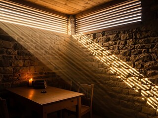 Warm candlelight illuminates a rustic stone room with dramatic sunlight