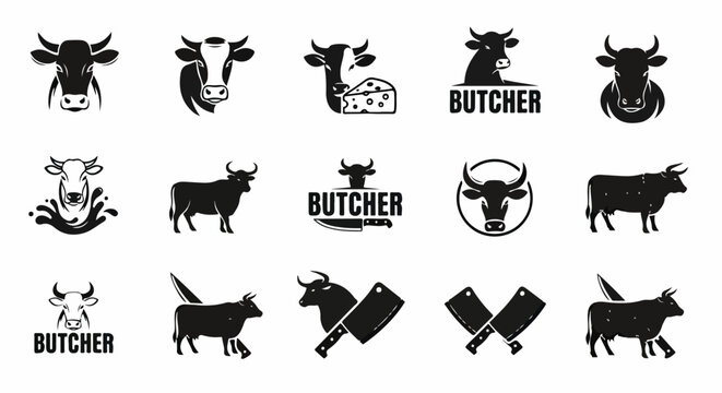 Colecci&oacute;n de iconos vectoriales en blanco y negro de cabezas de vaca, toros y herramientas de carnicer&iacute;a, ideal para la industria c&aacute;rnica y l&aacute;ctea.