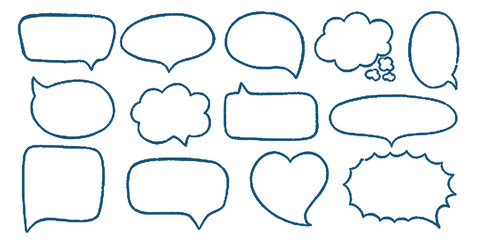 Fototapeta premium Chalk pencil speech bubbles doodle set. Crayon frames, comic talk balloon. Grange texture. Hand drawn kid's style pencil dialog balloon, various text clouds. 