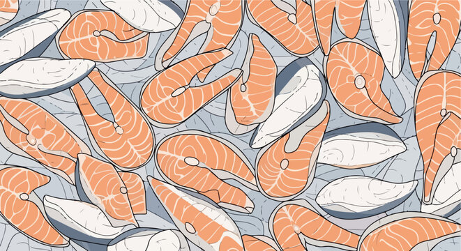 Ilustraci&oacute;n vectorial de filetes de salm&oacute;n fresco y rodajas de pescado blanco sobre un fondo azul claro, ideal para conceptos de cocina marina y alimentaci&oacute;n saludable.