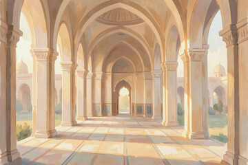 Mosque Interior with Natural Light Illuminating Prayer Space