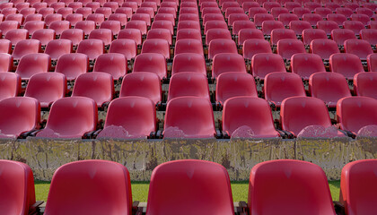 Naklejka premium Numerous empty spectator seats arranged in steep rows create a stadium backdrop.