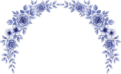 Elegant archway frame composed of delicate blue roses and small flowers with lush green leaves in a watercolor style creating a decorative border floral natural botanical