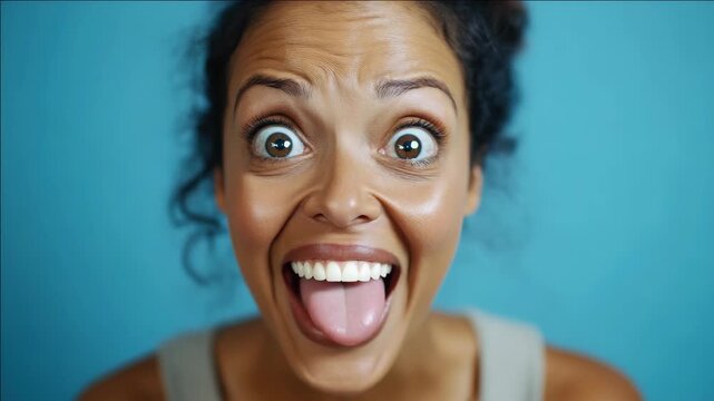Woman with wide open eyes and mouth, making a funny face.