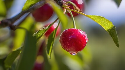 Obraz premium A close-up of a ripe cherry with water droplets, vibrant red against a softly blurred background.