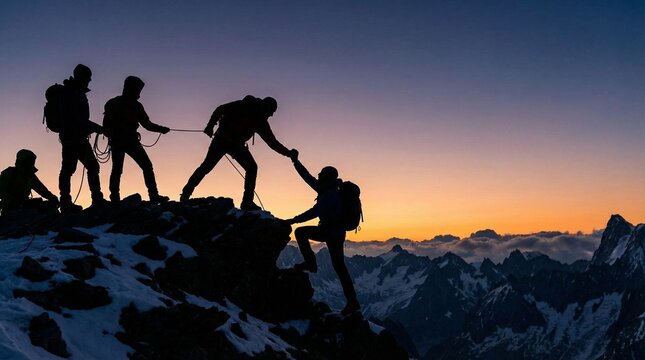 A team of mountaineers in silhouette helping each other ascend a rugged mountain peak at sunset symbolizing teamwork leadership and overcoming challenges