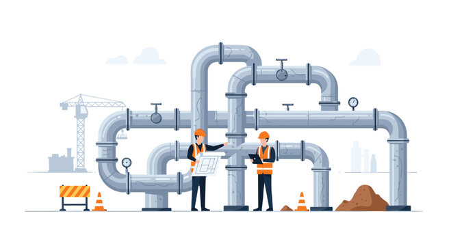 Two male engineers in hard hats and safety vests examining a complex industrial pipeline system with gauges and valves on a construction site.
