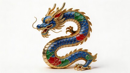Fototapeta premium Curved dragon decorative sculpture in enamel style, ultra detailed gold filigree, isolated on pure white background, clean stock style lighting 