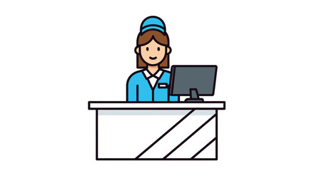 Illustration of a female receptionist at a reception desk with a computer on a white background, representing customer service and hospitality roles