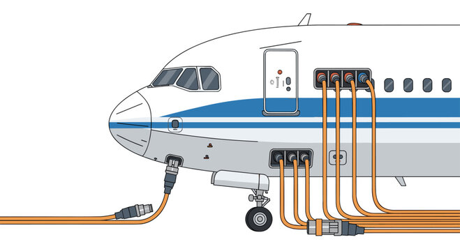 The front section of a passenger airplane is shown with numerous orange cables connected to its fuselage and nose landing gear.