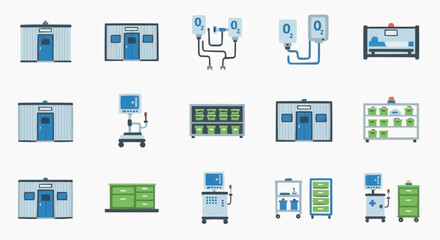 Medical Equipment and Hospital Room Illustrations from Various Viewpoints Showcasing Different Machines and Facilities