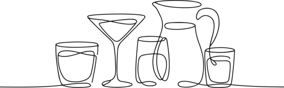 One continuous line of cocktail and juice set Minimalist simple linear style. one line art icon drawing vector