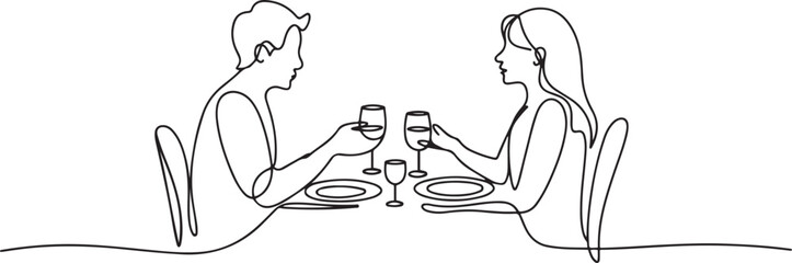 Couple having dinner together at the dining table, one continuous line. one line art icon drawing vector
