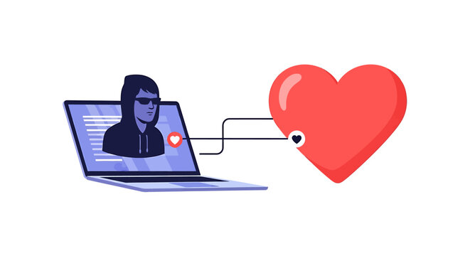 Online dating scammer with a fake profile on a laptop trying to deceive a person represented by a heart. Vector Illustrations. EPS Editable