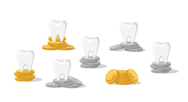Multiple white human teeth are arranged on various stacks of gold and silver coins, illustrating dental cost and finance.