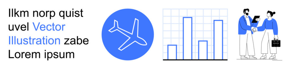 Business planning, air travel, data analysis, teamwork, corporate meetings, global trends. Airplane icon, bar chart professionals shaking hands. Business planning and air travel theme © robu_s