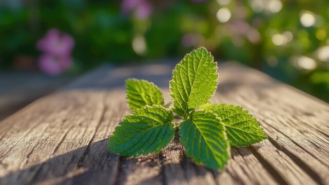 Close-up of mint leaf set against blurred garden backdrop.