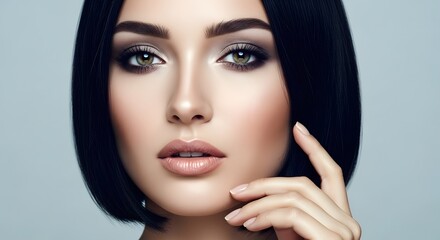 Fototapeta premium A woman with striking makeup and dark hair posing against a blue background